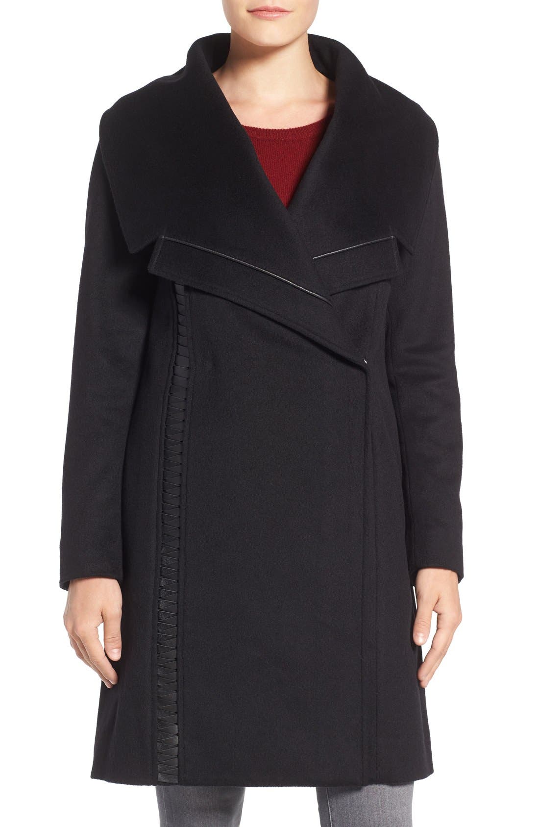 Badgley Mischka Womens Nikki Mid Length Italian Cashmere Wool Coat with Leather Braiding